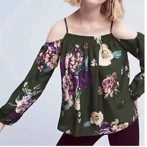 Anthropologie Maeve Tallie Green Floral Open-Shoulder Silk Blouse size S